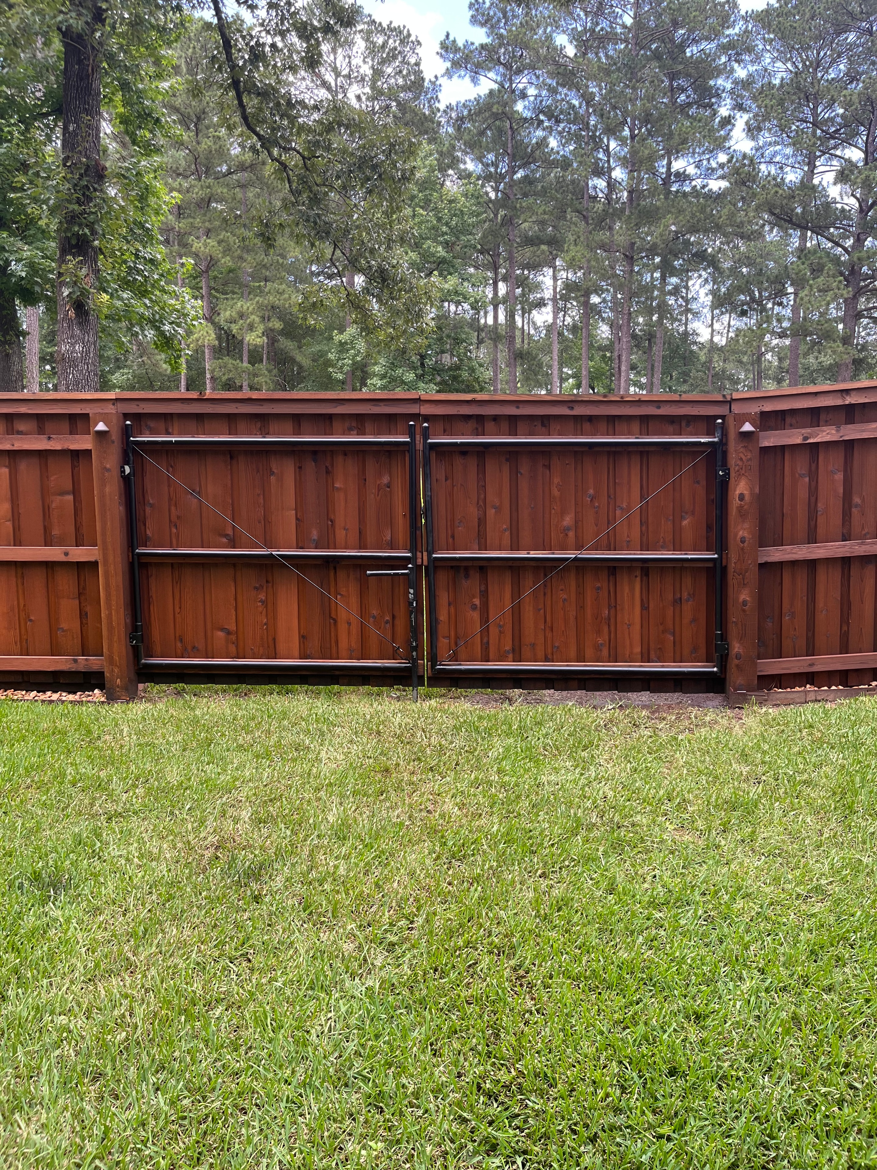 Cedar wood privacy fence with steel-frame gate — back view showing gate hardware and bracing – Fortified Fence and Weld, Alexandria LA
